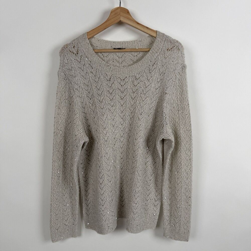 Talbots Pointelle Sweater Women PXL Ivory Cream Sequin  Shimmer Knit Pullover